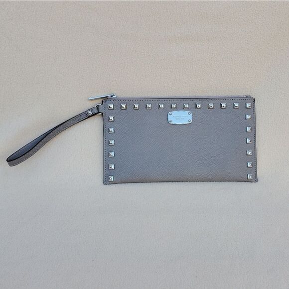 Michael Kors Gray Silver Studded Wristlet Clutch - Picture 1 of 12